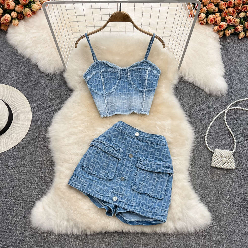 2026 designer style retro high waist A15 slim fit wide leg shorts embroidered denim A-line hot pants two-piece set vest top