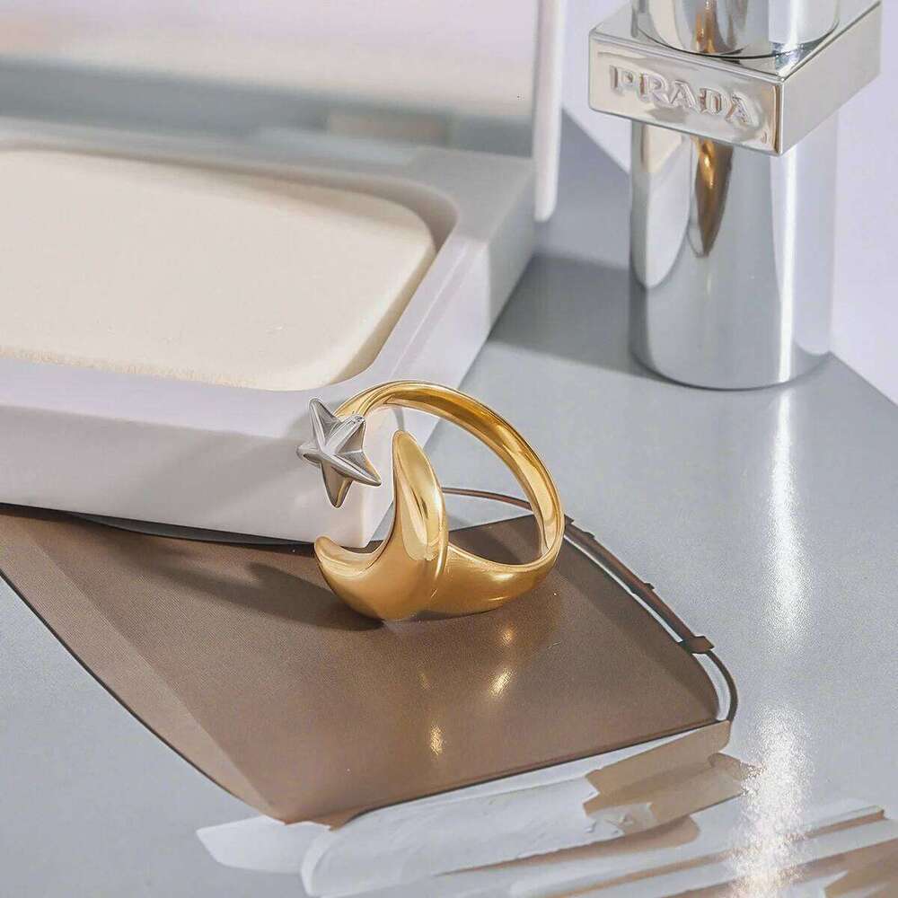 XIANING Minimalist Two Tone Star Moon Open 18K Gold Color Plated Stainless Steel Universe Ring Women's Jewelry Party Gift H260312