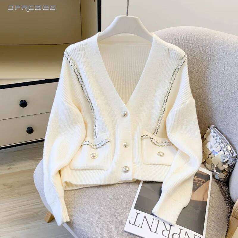 Autumn Winter White Sexy V-Neck Warm Sweater For Women Soft Retro Loose Long Sleeve Cardigan Knitted Tops Lady Z260313