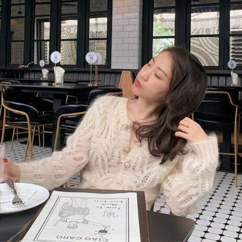 2025 French Style Mohair Cardigan Sweater Women Autumn Sexy Hollow Out Short Knitted Coats Mujer Y2K Chic Design Streetwear Tops Z260313