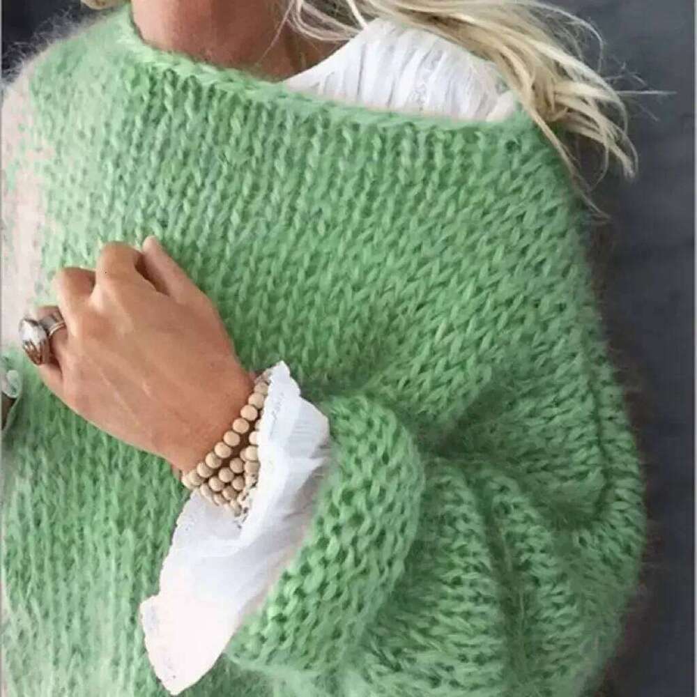 Women Sweaters Knitted Loose Solid Pullovers Regular Full Sleeve Thick Splice Jumpers Round Neck Casual Top 2023 Autumn Winter Z260313