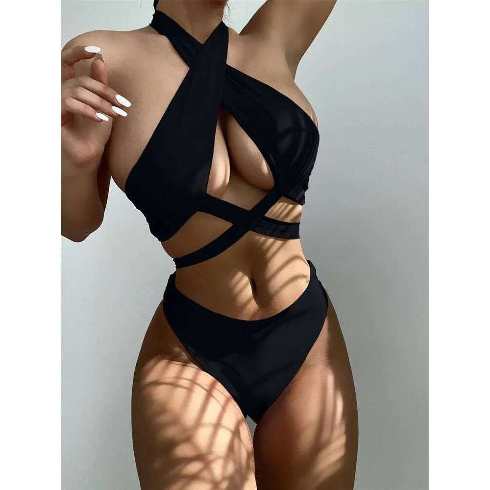 Halter Cross Bandage High Cut Female Swimsuit Women Swimwear Two-pieces Bikini Set Hollow Out Bather Bathing Suit Swim Y260303