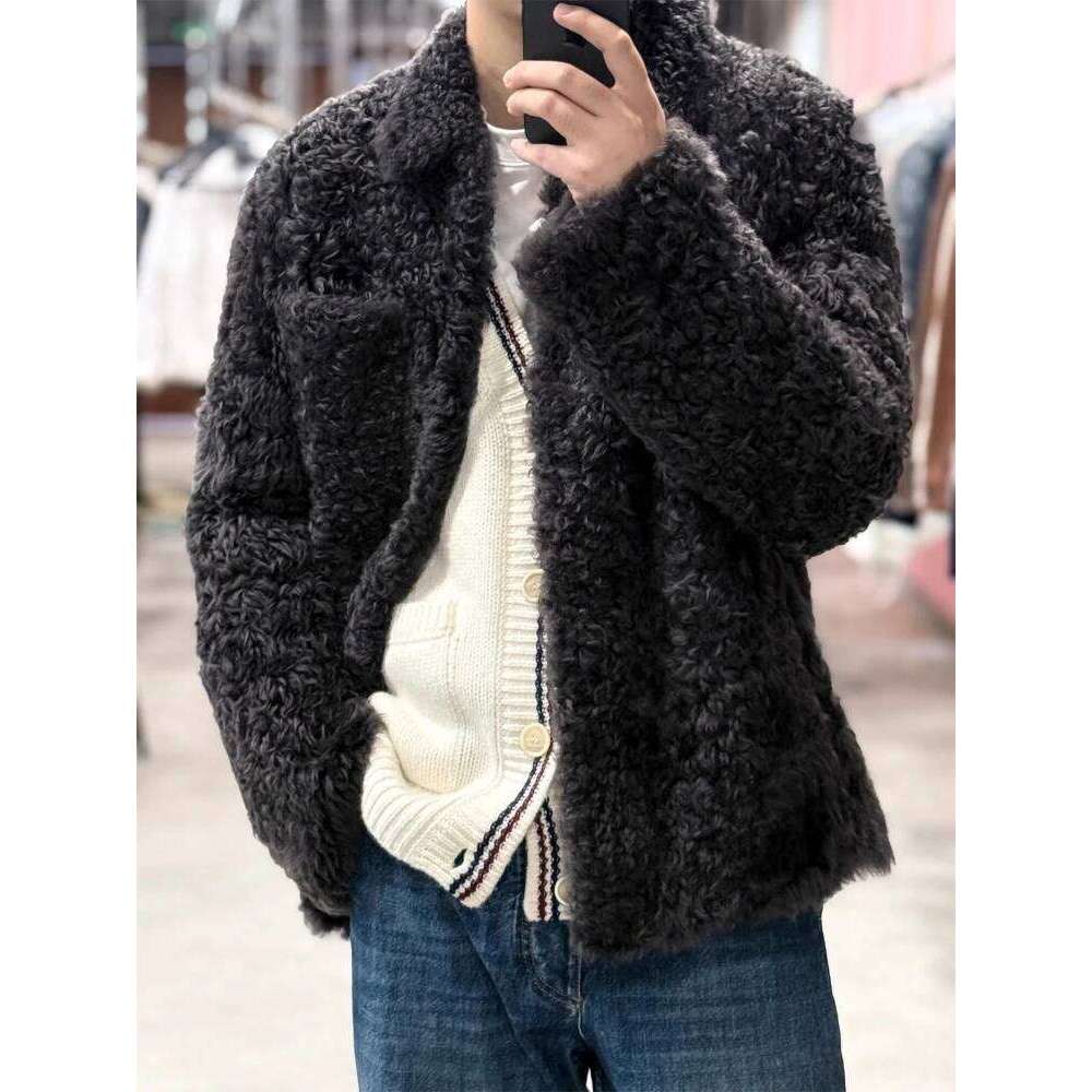 Winter Faux Lamb Wool Fur Men Curly Collared Padded Coat Parkas Oversized Warm Cotton Jacket Casual Thickened Outerwear Z260313