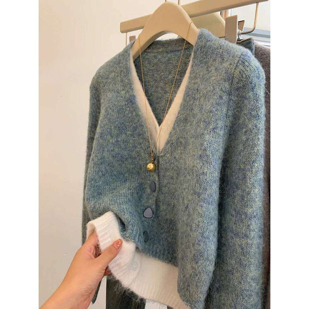 Zjaiss Women Lazy Style False Two-piece Cardigan 2026 Korean Elegant V-Neck Knitted Sweater Chic Spring Autumn Casual Grey Top Z260313