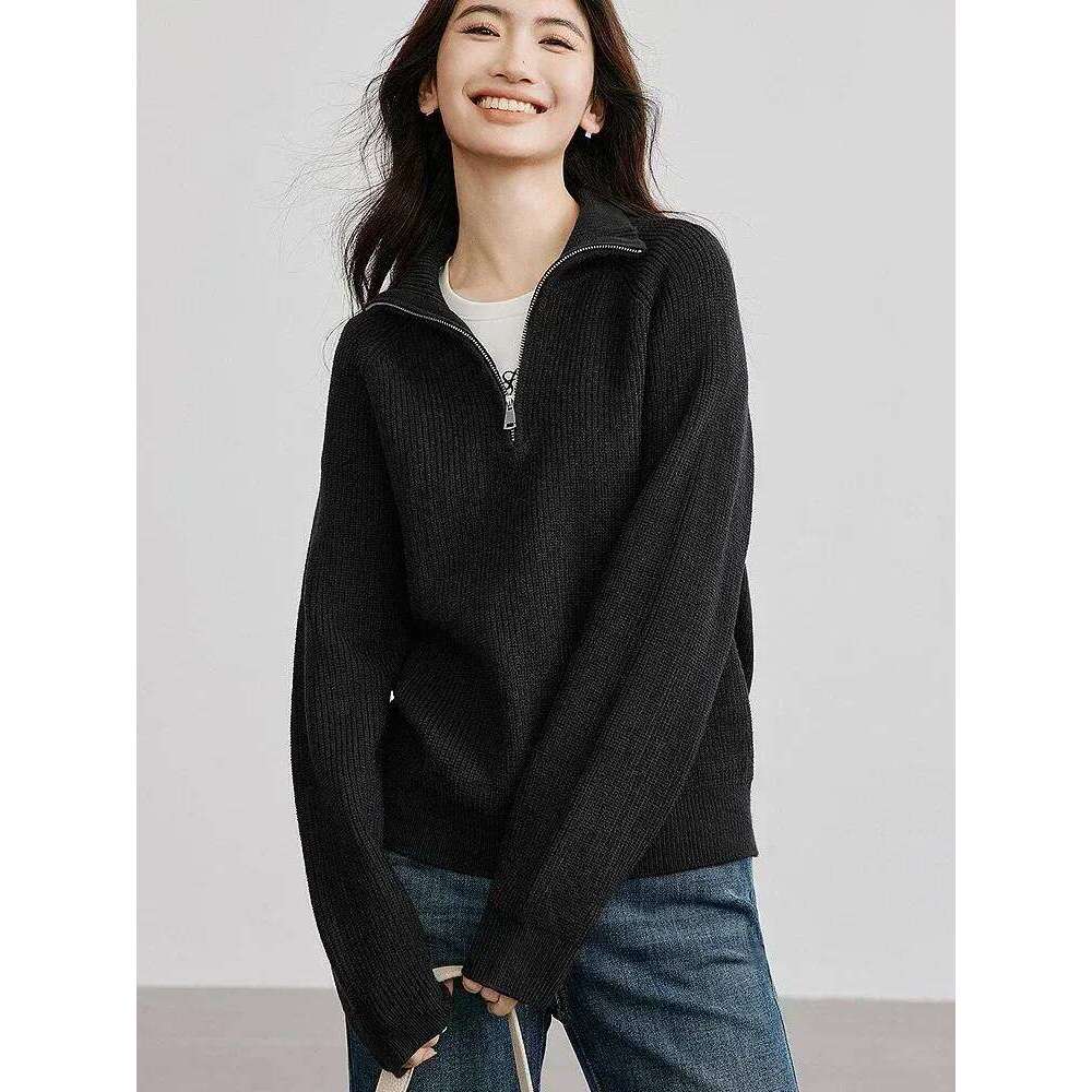 Knitted Oversized Sweater Women Autumn Solid Casual Loose Lapel Women's Pullovers Zipper Turndown Collar Fashion Jumper Knitwear Z260313
