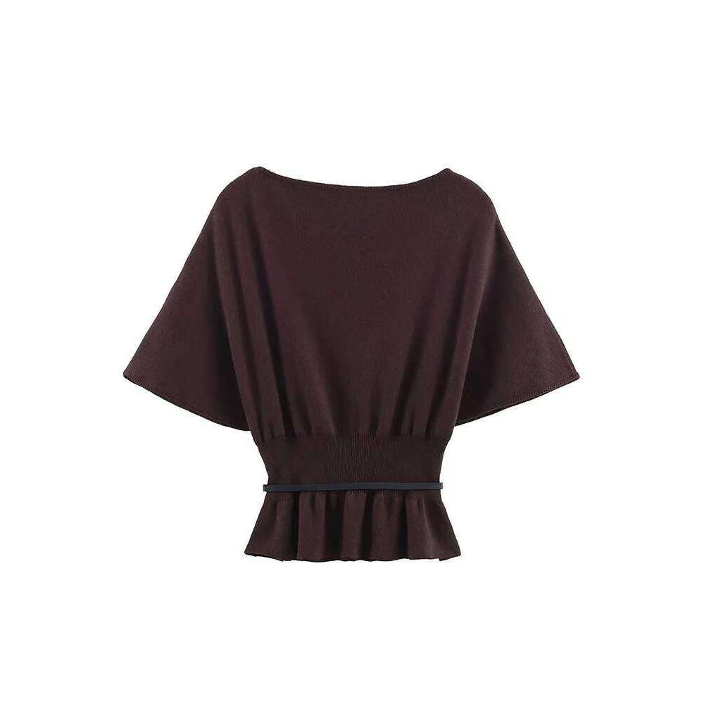 TFMLN Woman Autumn Fashion Pullovers Slash Collar Tierred Hem Design Belt Knitted Sweaters Casual Solid Short Sleeve Knitwear Z260313