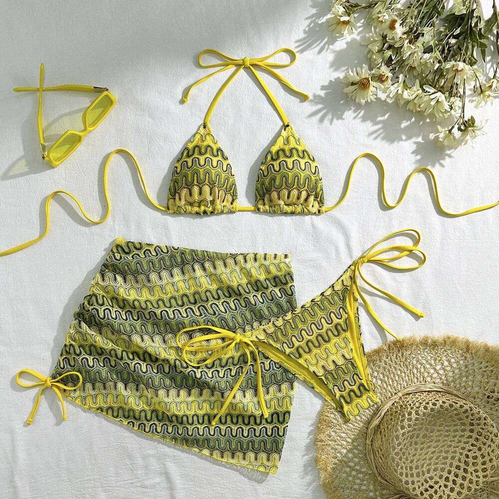 2025 New zigzag bikini three piece swimwear with skirt knitting bikinis swimsuit push up beachwear Y260303