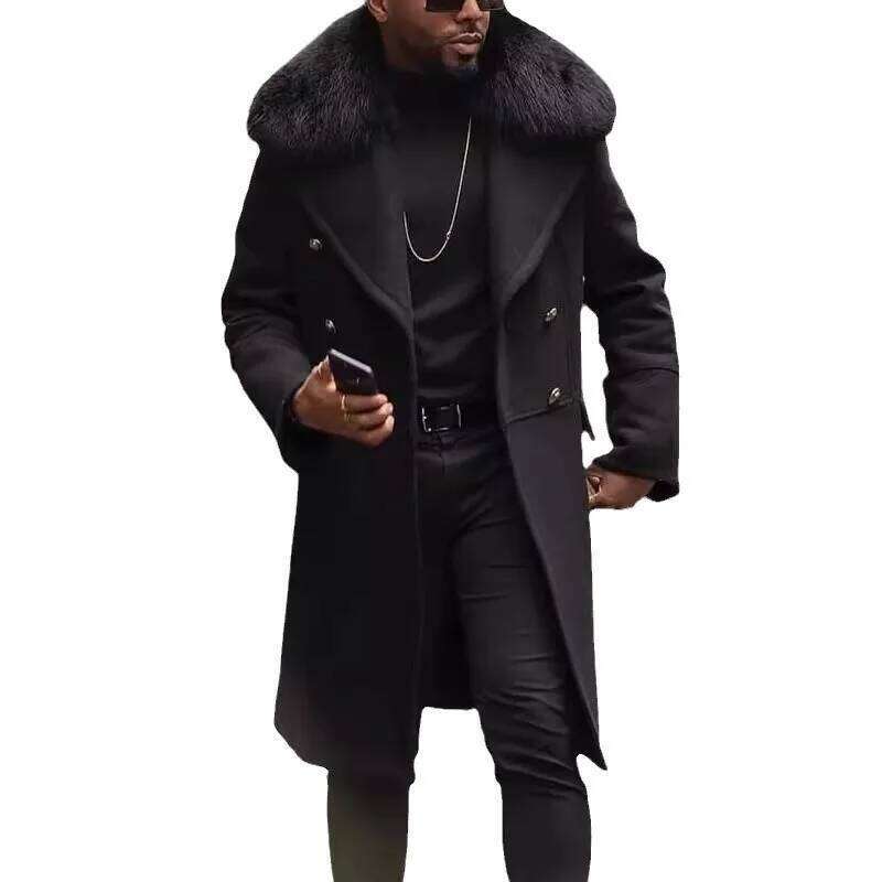 2025 Winter Men Coat Streetwear Fur Collar Long Sleeve Male Trench Jacket Mid Length Double-breasted Windproof Man Outerwear Z260313