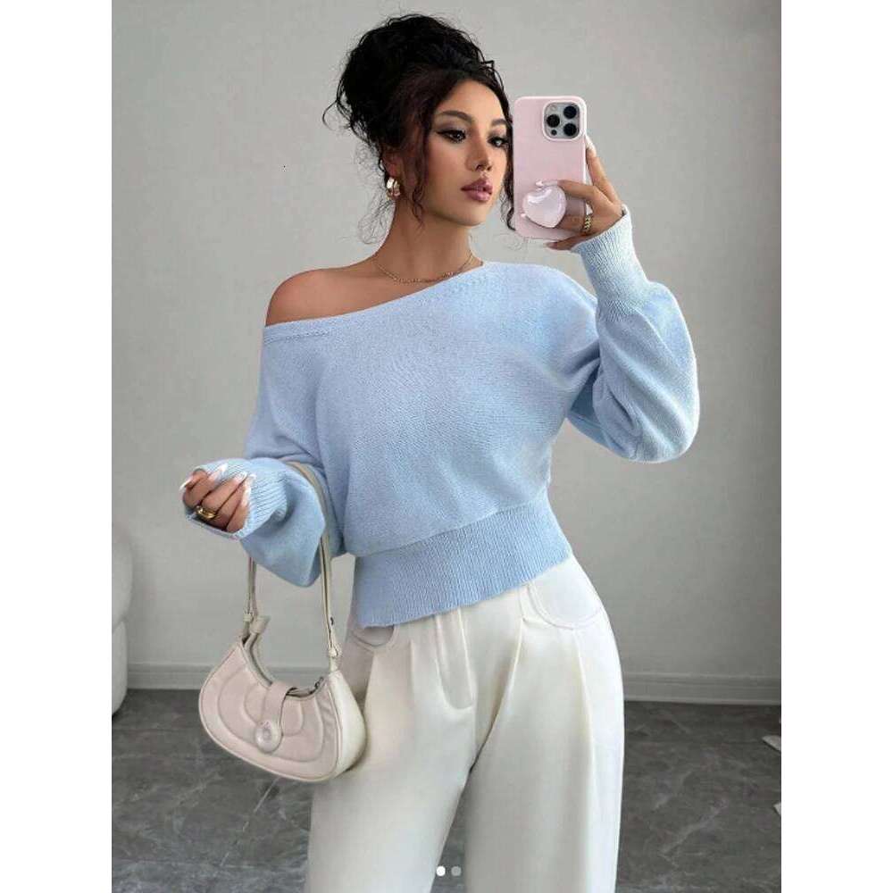 Autumn Winter New Solid Off-Shoulder Sweater Slash Neck Long Sleeve Knitted Pullovers Fashionable Commuting Versatile Short Top Z260313