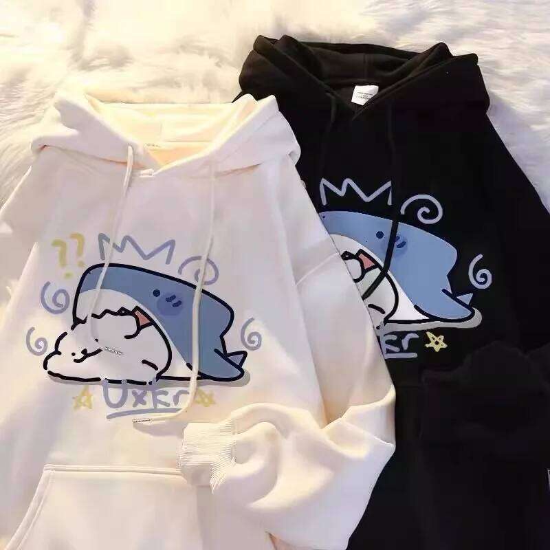 Cartoon Shark Print Couple Hoodie Women Men Autumn Winter New Oversize Cotton Plush Sweatshirt Pullover Y2K Tops Warm clothing Z260314