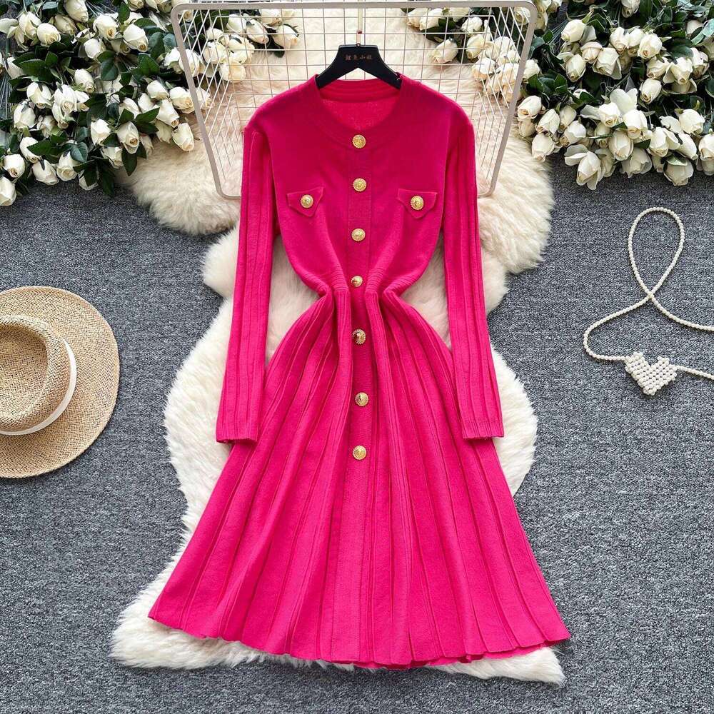 REALEFT Autumn Winter High Waist Knitted Umbrella A-line Dresses 2025 New Buttons O-neck Long Sleeve Loose Sweater Dress Female Z260314
