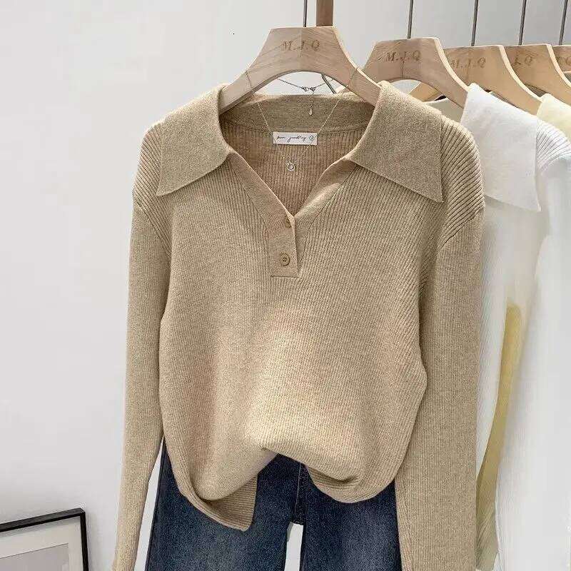 Women's Clothing Basic All-match Polo Collar Pullovers Autumn Winter Casual Loose Long Sleeve Sweaters Elegant Chic Button Tops Z260313