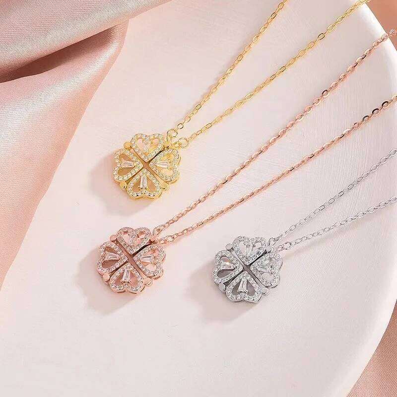 Women Titanium Steel Deformable Heart Pendant Necklace -Shape Grass Neck Jewelry Chain Drop Shipping H260312