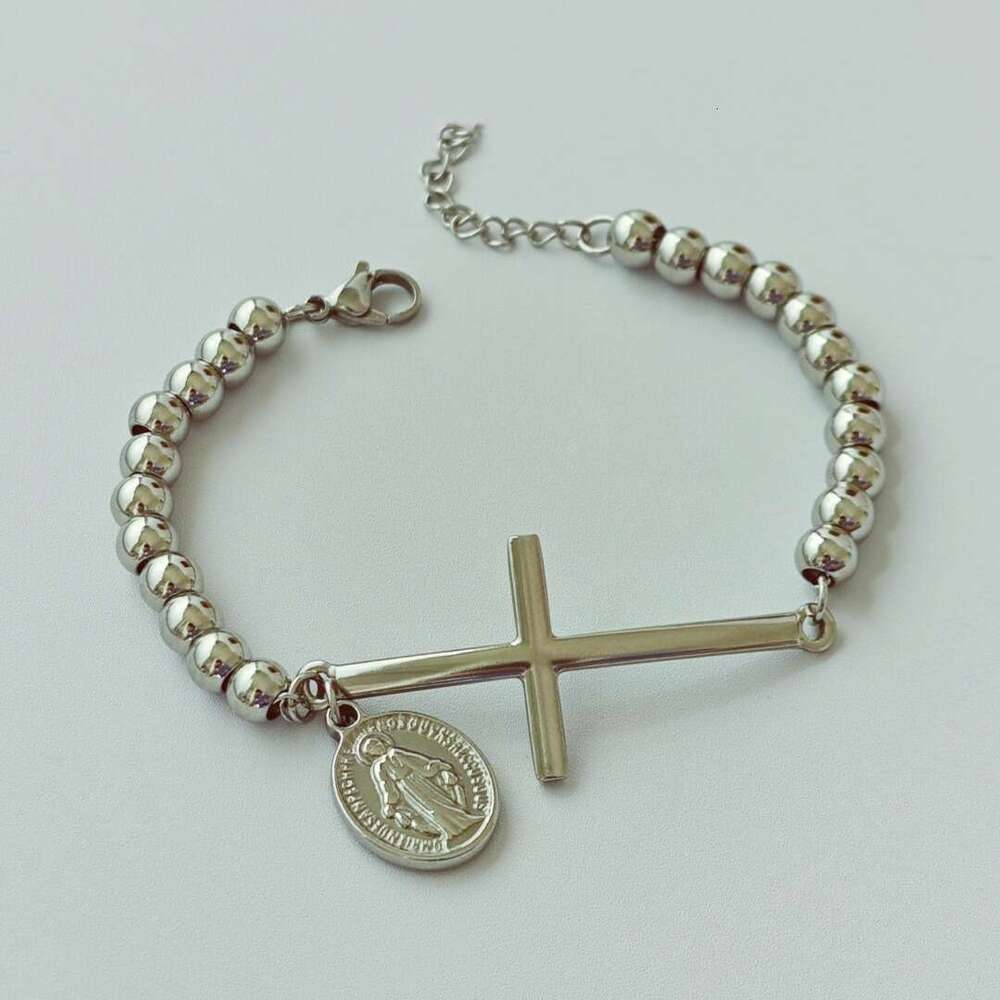 Women Jewelry Bracelets Charm Bracelets Unisex Stainless Steel Rosary Bead Bracelet Two-Sided Totem Cross Pendant Fashion Women Bracelet