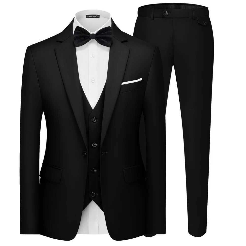 Mens Elegant Solid Color Blazer Vest Pants Set Casual Outdoor English Style Wedding Performance Singer Outfit M260313