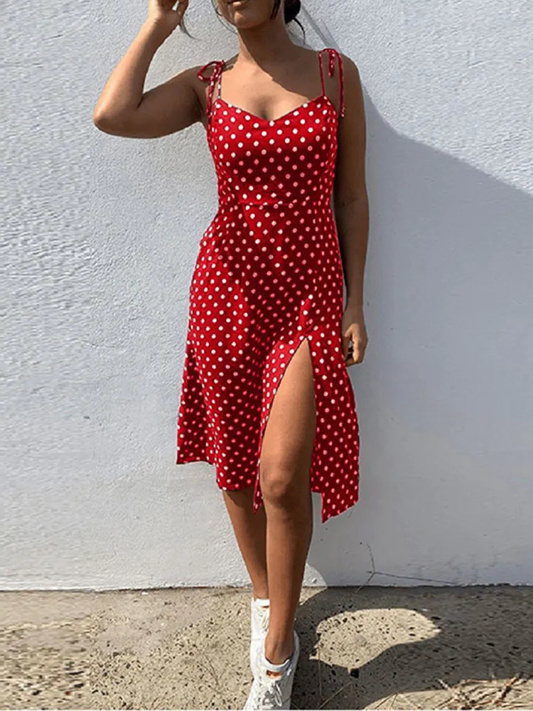 Dresses Sundress Summer Women Causal Polka Dot Sleeveless High Pleated elastic waist VNeck Beach Dress Vestidos De Verano 260313