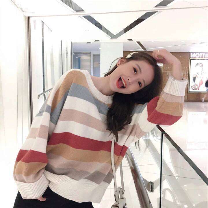 Multicolor Striped Pullovers Women Long Sleeve Crew Neck Rainbow Knitted Sweater Cozy Jumper Fall Winter Ladies Casual Outfit Z260314