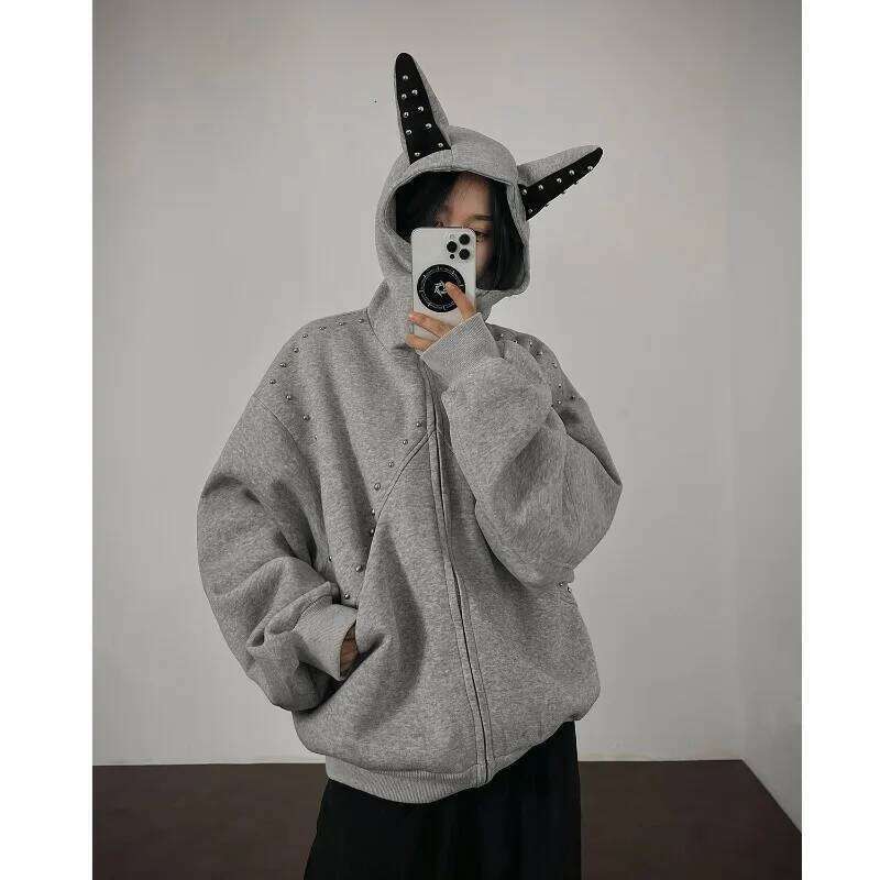 Tide Street Rivets Ear Design Zipper Jackets Punk Style Men's Hoodie Jacket Loose Fit Couple Hooded Cardigan Z260315