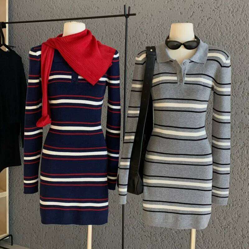 Striped Knitted For Women New Autumn Fashion Long Sleeve Color Blocking Waist Cinching Slim Fit Sexy Bodycon Short Dress Z260313