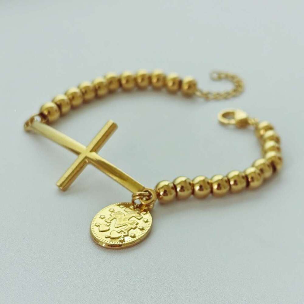 Women Jewelry Bracelets Charm Bracelets Unisex Stainless Steel Rosary Bead Bracelet Two-Sided Totem Cross Pendant Fashion Women Bracelet