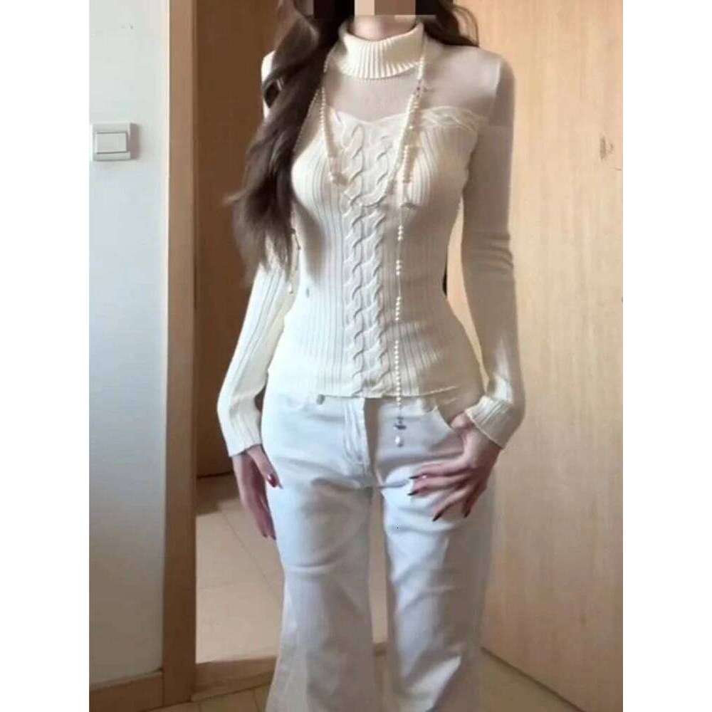 Korean Design Elegant Base Layering Tops Slimming Long Sleeve Hollow Knit Sweater Women 2025 New Autumn Winter Fashion Clothes Z260313