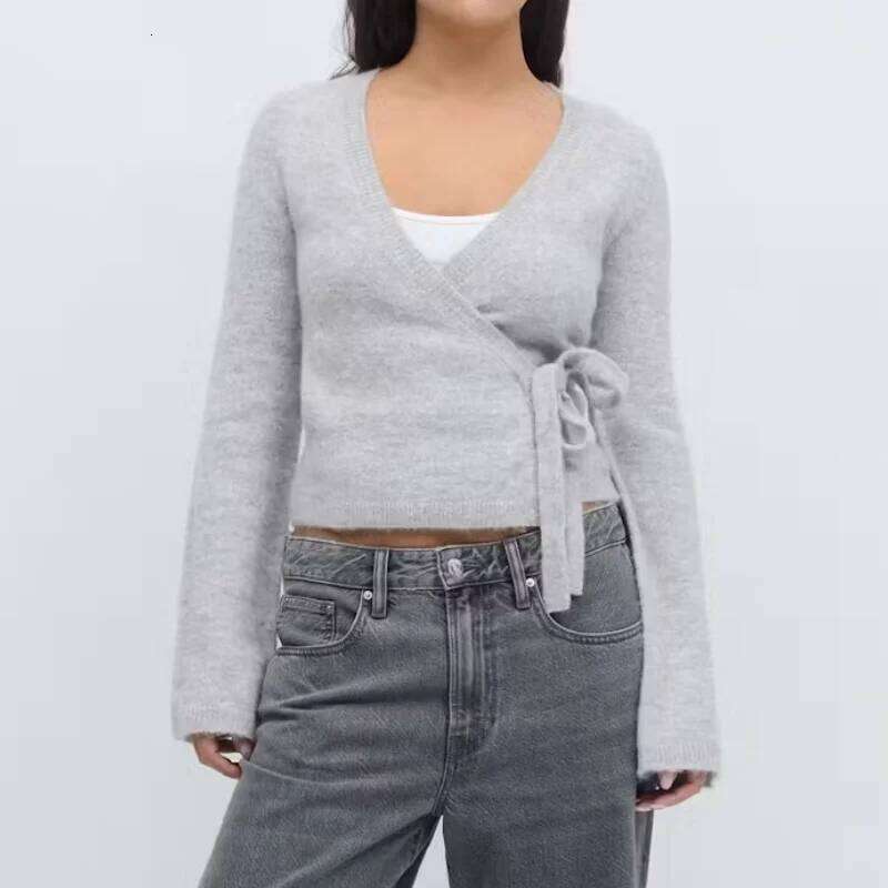 Womens Y2k Long Sleeve Wrap Knit Tops Solid V Neck Side Tie Sweater Shirts Lightweight Open Front Pullover Cardigans Streetwear Z260314