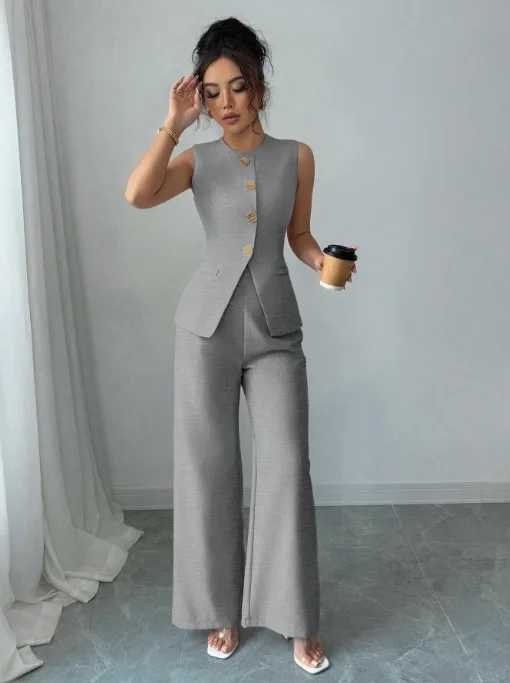 New Fashionable Commuter Womens Suit Casual Solid Color Round Neck Cardigan Vest Paired With Loose Wide-leg Pants Two-piece Set s54 M260313