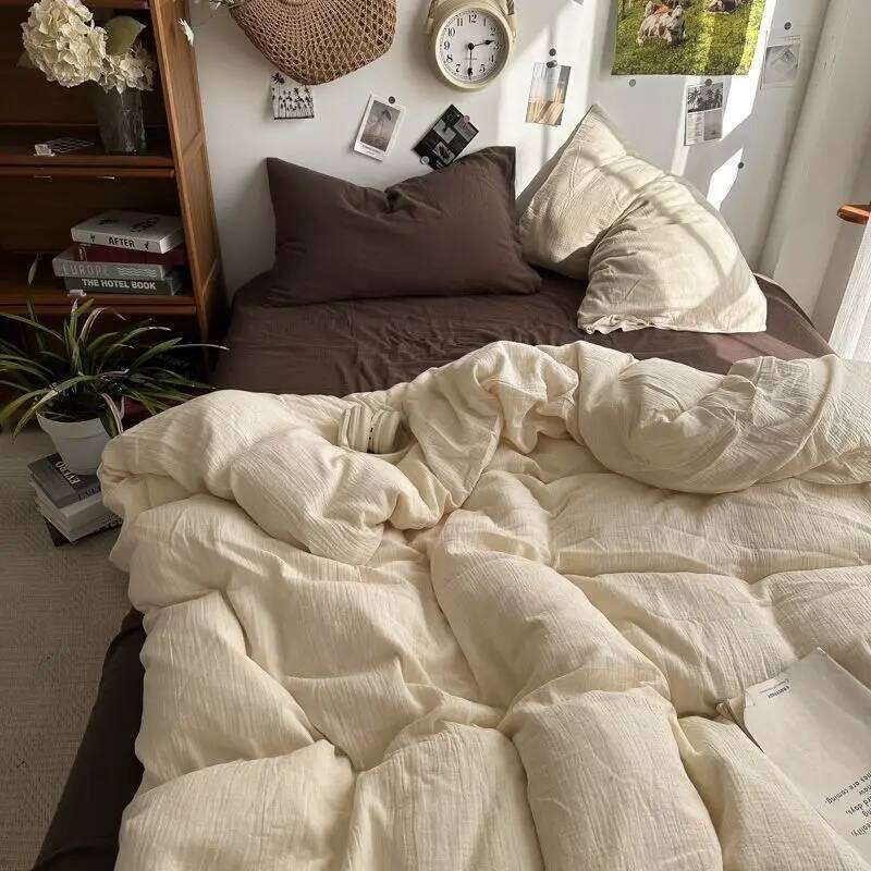Bedding Ins Ambiance Blue Coffee Grid Mixed Washed Cotton Minimalist Flat&Fitted Sheets Duvet Cover Set With Pillowcase H260312 - view 3
