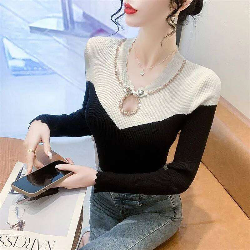 2025 New Color-blocked Knitted Slim Fit Sweater Bottoming Long-sleeved Autumn and Winter Top Z260313