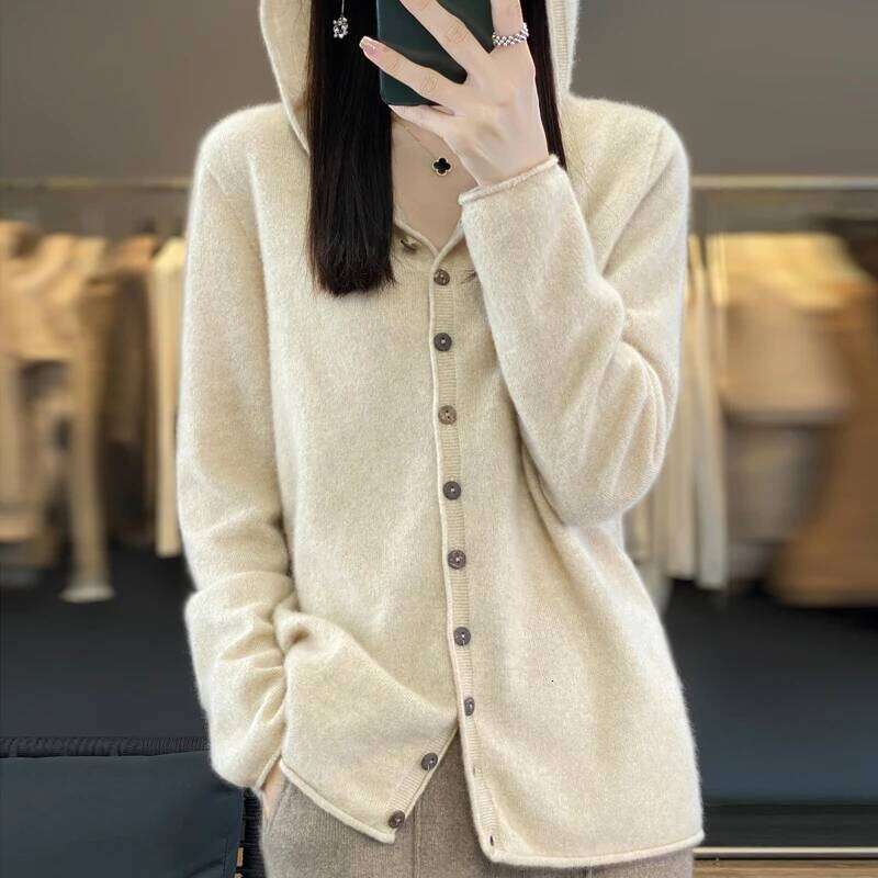 Cashmere 100% Merino Wool Women's Hooded Sweater Cardigan Solid Color Warm Loose Knit Top Z260313