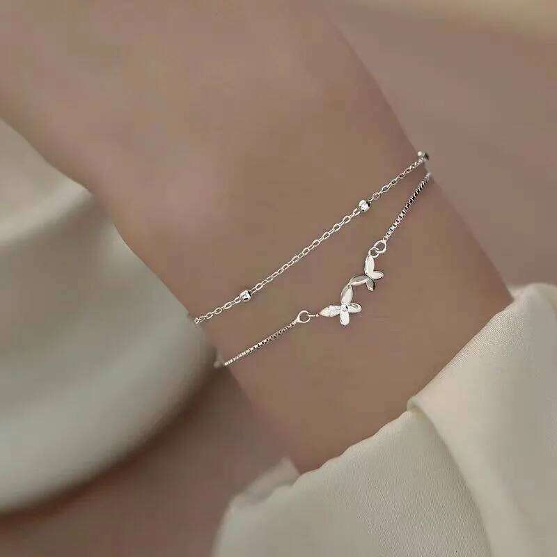 925 Sterling Silver Double Layer Butterfly Bracelet Women Fashion Korean Chain Party Jewelry Gift for Her Z260313