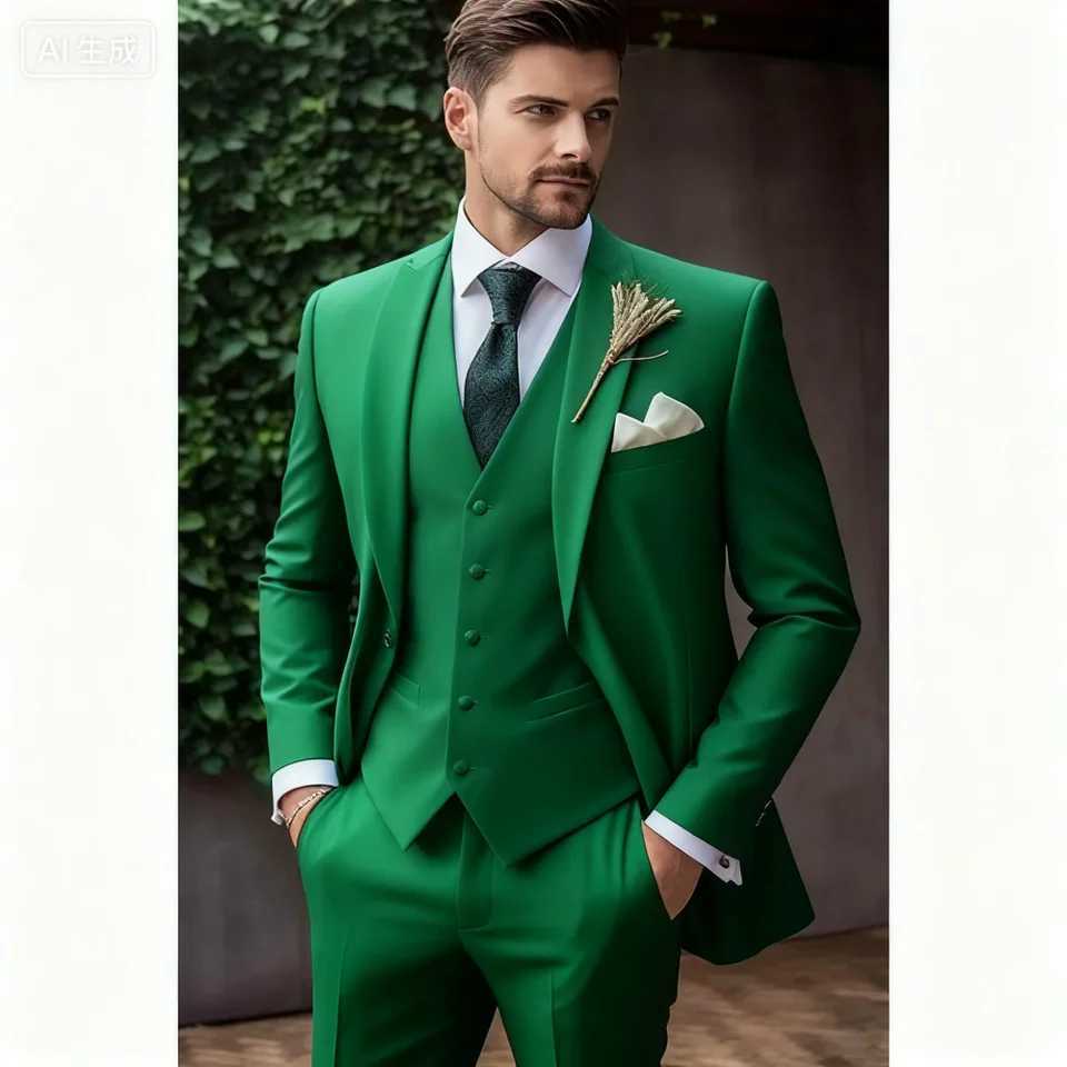 Italian Mens 3-Piece Tuxedo Navy Blue Jacket Slim Fit Wedding Groomsmen Suit with White Vest And Lapel Cufflinks M260313