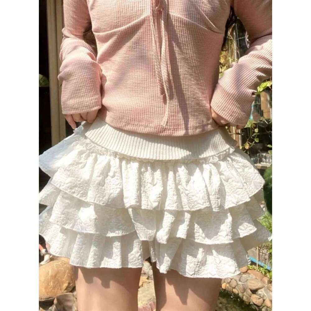Women Kawaii Lolita Shorts 2024 Summer Ruffles Layered Patchwork High Waist Mini Skirts Girl Sweet White Pleated Skirt Z260314