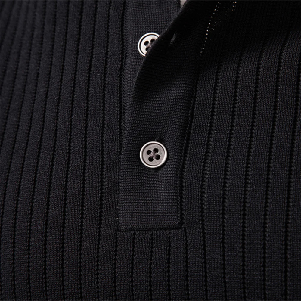 AIOPESON Button Placket Polo Shirt Men Ribbed Stripe Long Sleeve Contemporary Fit Minimalist Autumn Winter Premium Business Top 260312