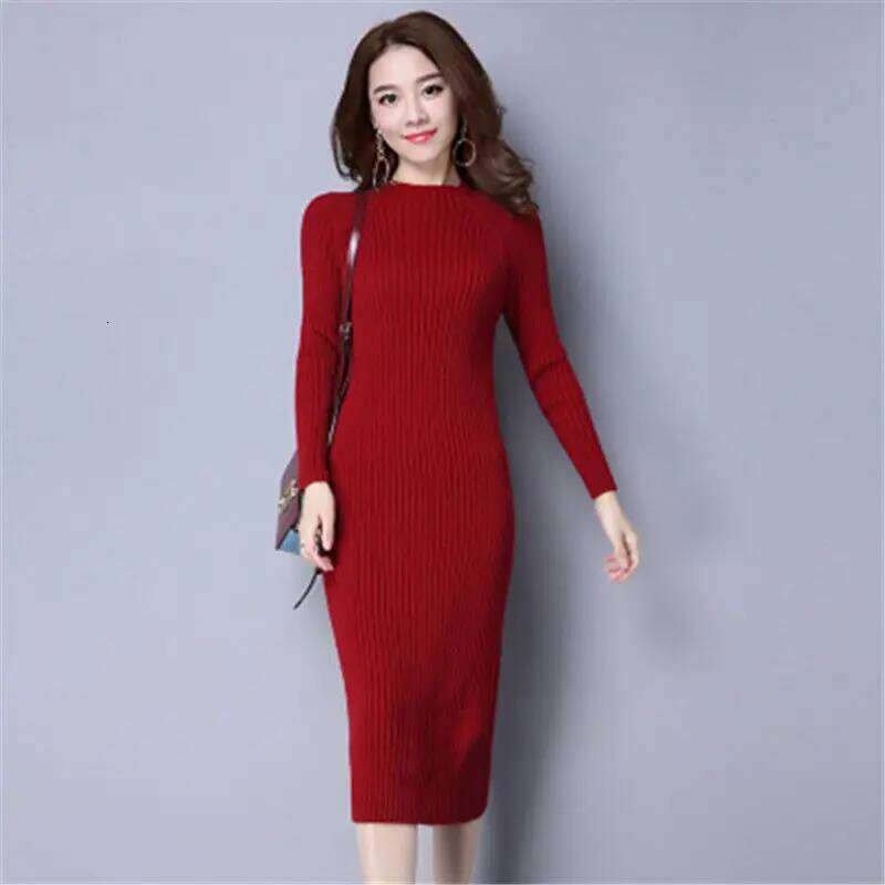 Midi Wrap Knit Dresses for Women Autumn Winter 2025 Maxi Women's Sweater Knitted One-piece Dress Green Long Sleeve Bodycon Black Z260314