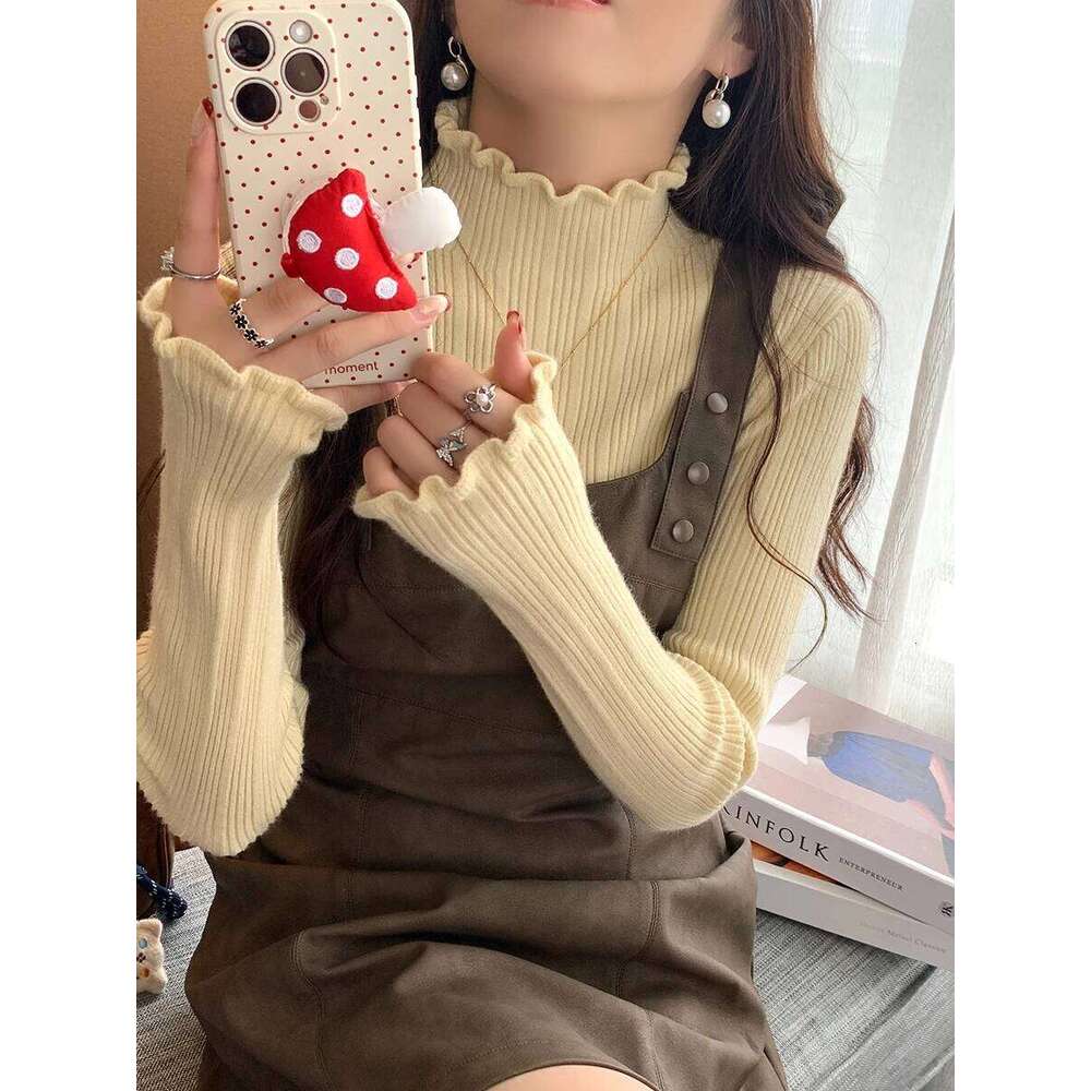 Autumn Winter Turtleneck Knitted Pullovers 2025 Women Long Sleeve Soft Tops Casual Versatile Ruched Sweater Slim Base Layer Top Z260313