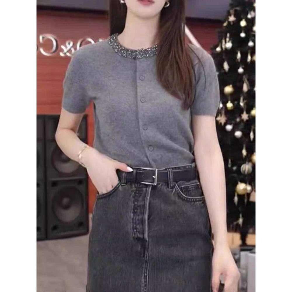 Summer Women's Sweater Cardigan Beading Short Sleeve Single-breasted Tops Tees Vintage Korean Fashion Ladies Jumpers Z260313