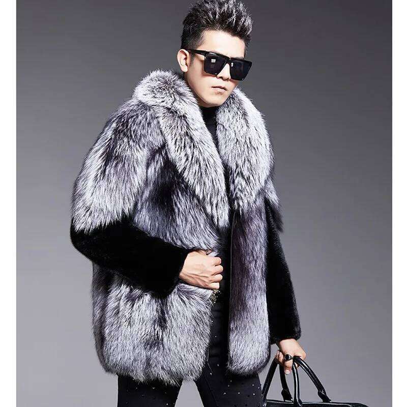 Thick Jacket Winter Fox Coats Men Faux Fur Outerwear Turn Down Collar Long Sleeve Cardigan 2025 Spliced High Street Z260313