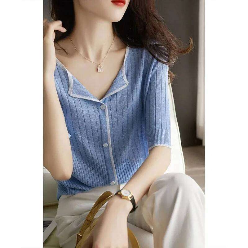 Women Clothing Fashion All-match Vertical Grain Patchwork Cardigan Summer Casual Loose V-neck Short Sleeve Top Chic Solid Tshirt Z260313