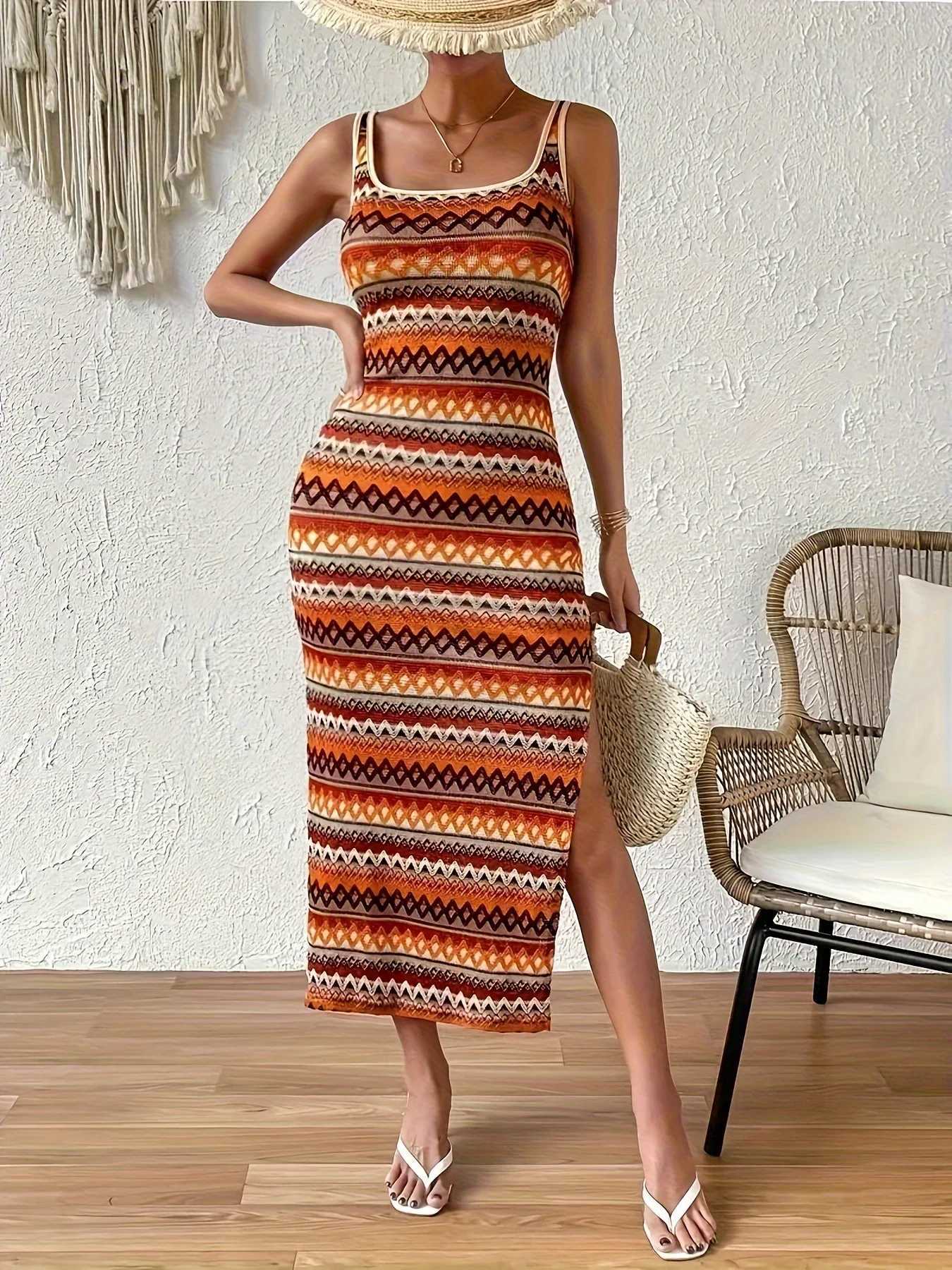 Geometric pattern tassel fashion simple dress elegant sleeveless slim dress spring and summer womenT260316