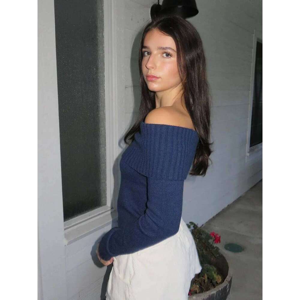 Navy Vintage Cropped Women Spring Slash Neck Long Sleeve Slim Crop Top Sweet Fashion Streetwear Knit Sweater Y2k Jumper Z260313