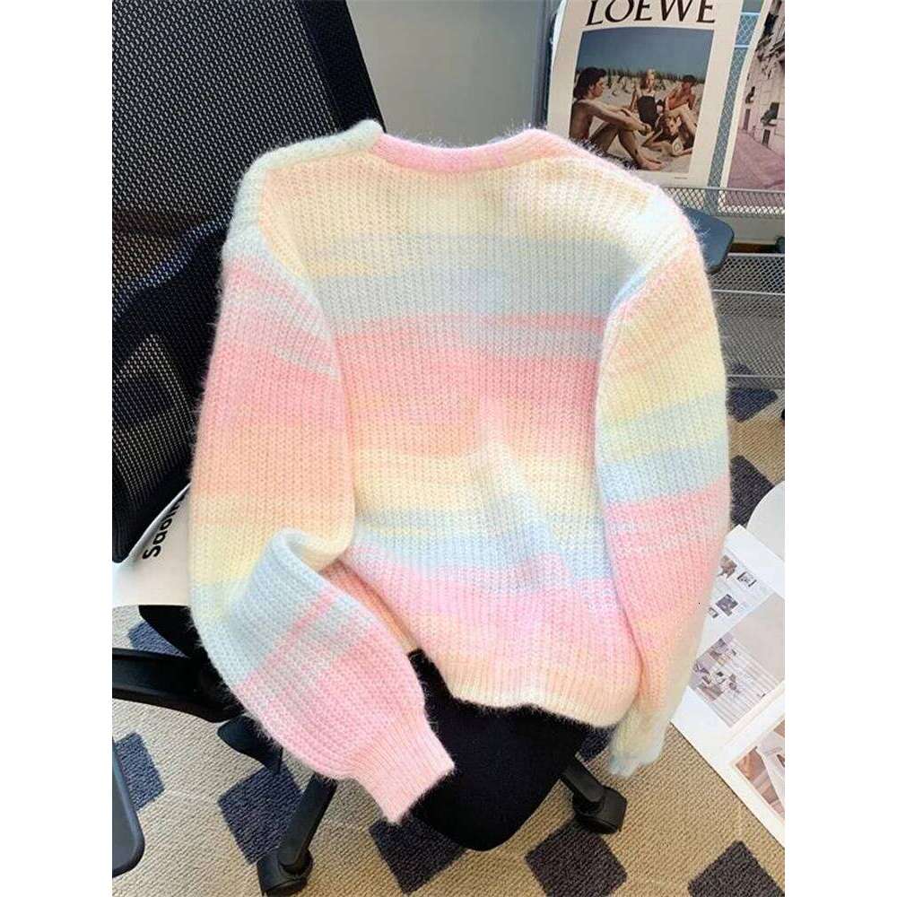 Fashion Rainbow Cardigan Sweaters Women Elegant Pearl Buttons Knitted Coat Chic V Neck Casual Korean Sweet Female Tops Z260313