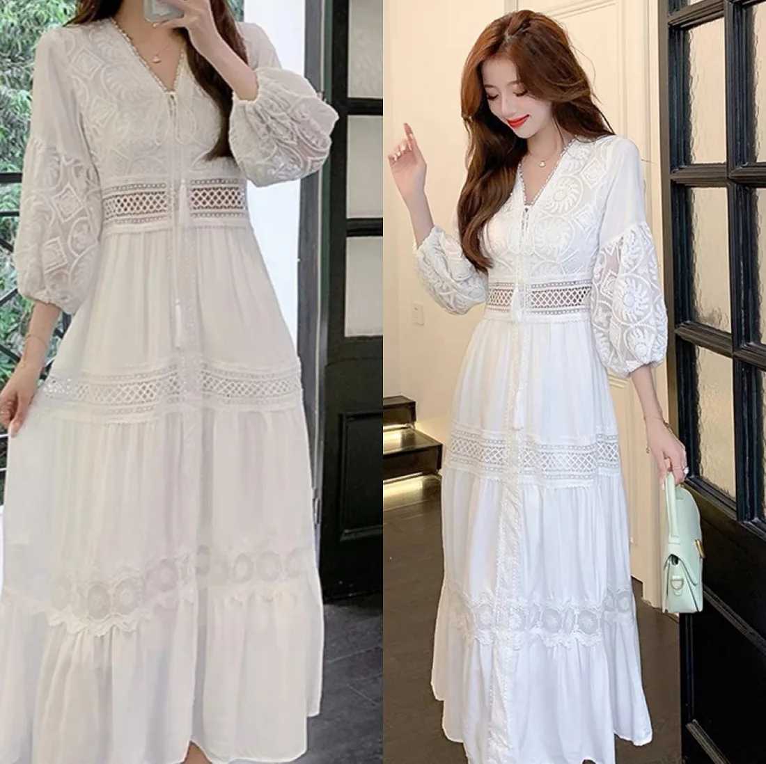 Boho Dress Women Fashion Spring/Summer White Sweet French Bubble Sleeve Beach Long DressT260316