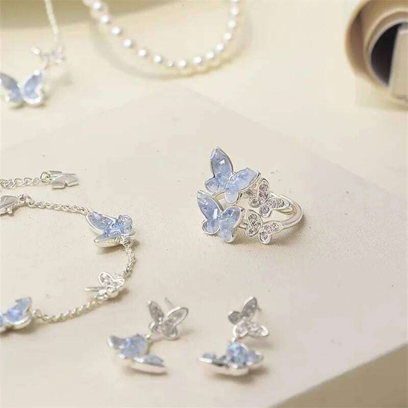 Fashion Silver Color Crystal Butterfly Jewelry Set Adjustable Bracelet Earrings Necklace Ring for Women Handmade New Year Gift Z260313