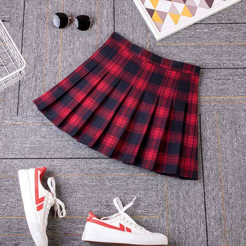 2023 Women A- line Red Plaid korean harajuku plaid skirt Spring and Autumn New Pleated High Waist Skirt Z260314