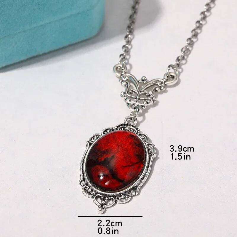 Gothic Blood Red Quartz Charm Oval Pendant Necklace For Women Halloween Vampire Embossed Witch Jewelry Vintage Chokers H260312