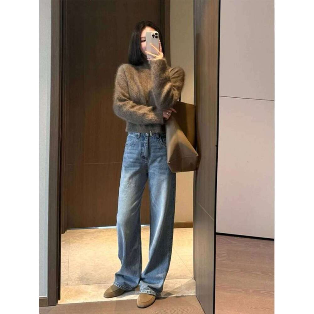 New Fashion Zipper Knitted Cardigan Temperament Stand Collar Soft Mohair Top Coat Women's Autumn Winter Loose Warm Sweaters Z260314