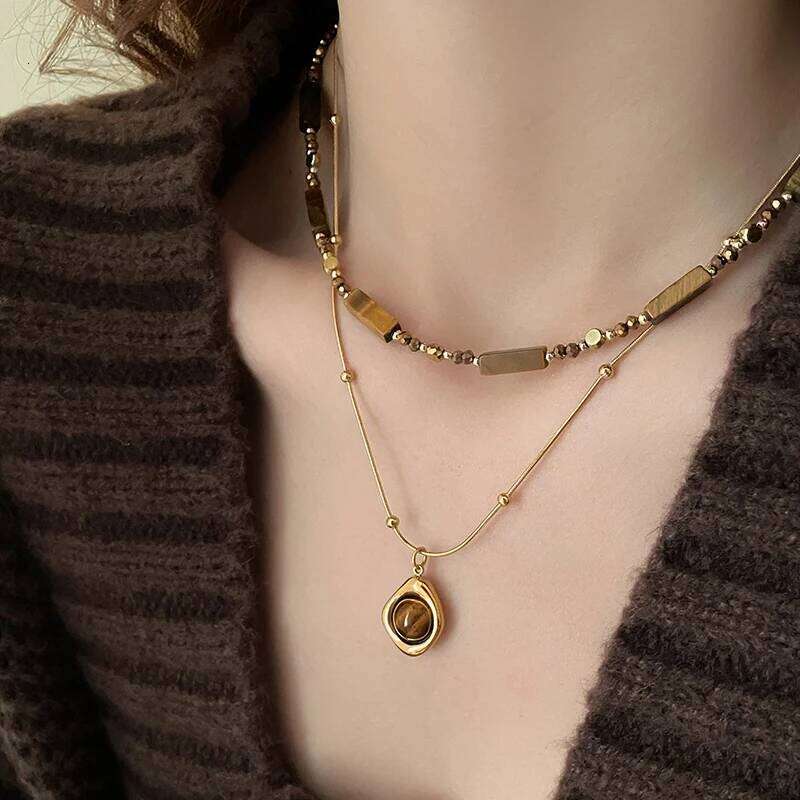 Retro Temperament Layered Tiger Eye Stone Pendant Necklace For Women Stainless steel Double-Layer Collarbone Chain Sets Jewelry H260312