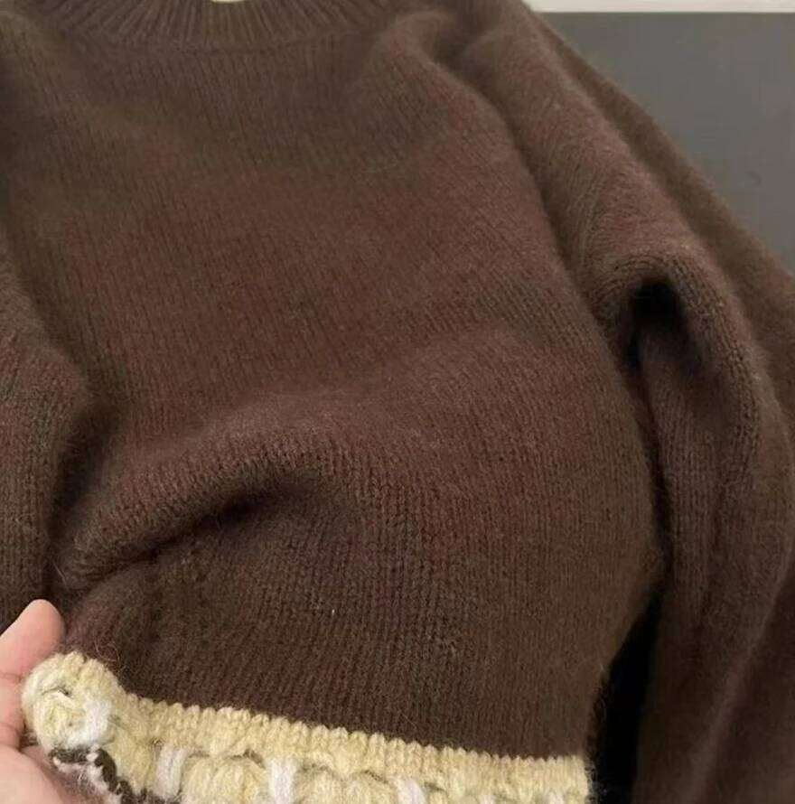 Korean Coffee Round Neck Sweater For Women Thickened Autumn Winter Soft Loose Lazy Style Splicing Colored Knitted Pullover Z260313