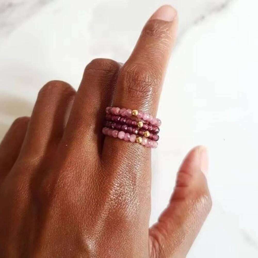 CCGOOD Adjustable Ring for Women Natural Pink Tourmaline Garnet Beads Elastic Stretch Stackable Boho Finger Rings Jewelry Gift H260312